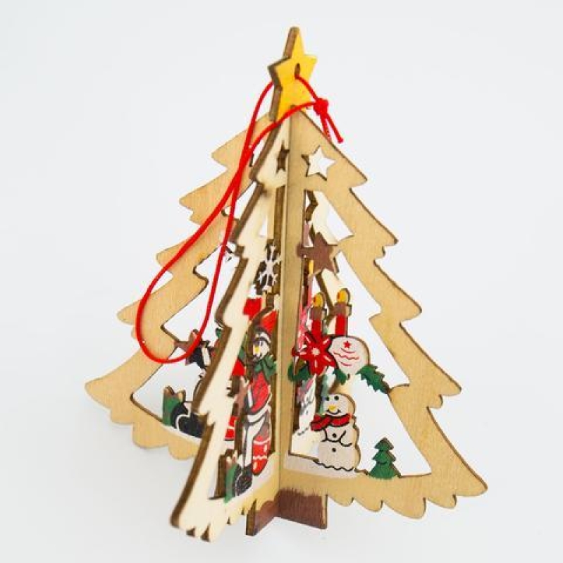 Carved wood Christmas tree window ornaments