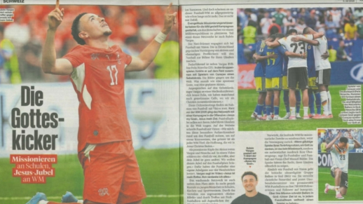 The front page of the July 5, 2026, edition of the Swiss newspaper SonntagsBlick features a highly sarcastic and critical depiction of Christian players expressions of faith.